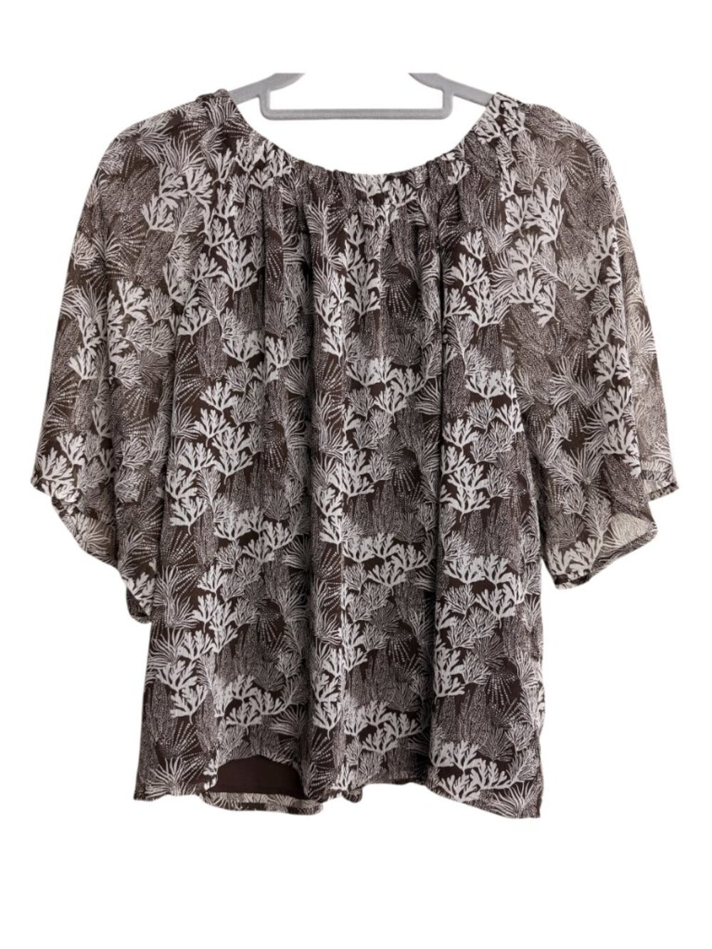 LOFT Brown Ivory Botanical Print Dolman Sleeve Open Back Tie Neck Blouse Size L